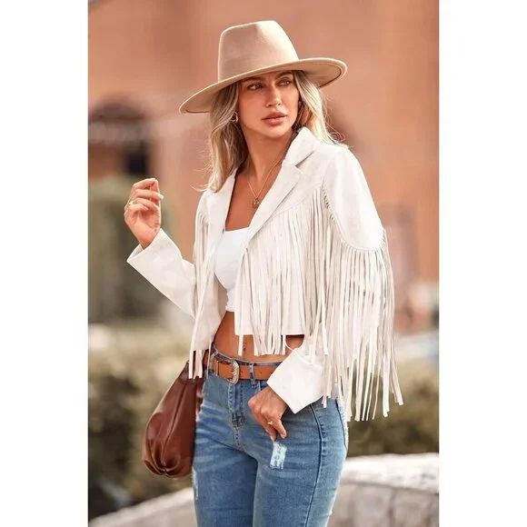 Women's : Beige Fringe Faux Suede Leather Tassel Motorcycle Cropped Jackets - Picture 8 of 9